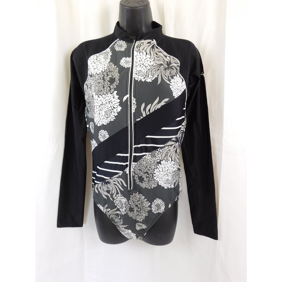 JOYLAB BLACK WHITE FLORAL LONG SLEEVE SWIMSUIT RASH GUARD XL - Picture 3 of 7